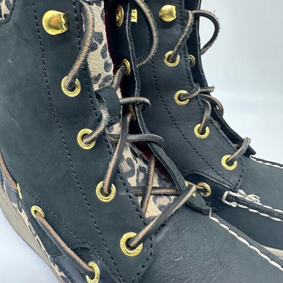 Sperry Hikerfish Leopard Print Black Leather High Top Boots Womens Size 7.5 - Picture 12 of 16